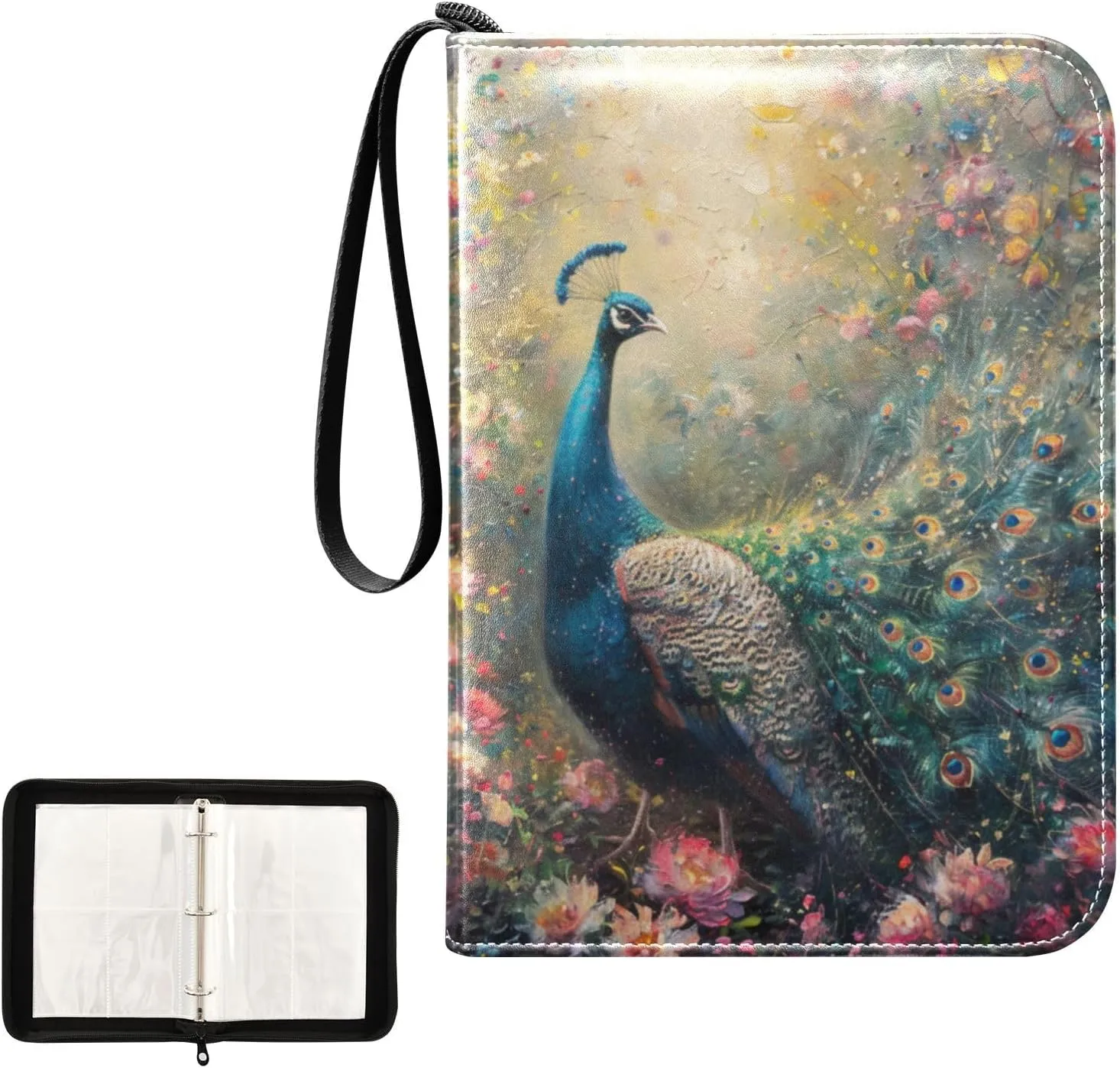 4 Pockets Trading Card Album Holder Book Folder Sports Card Binder Peacock Painting 400 Double Side Pockets for 3 Ring Binder Zipper