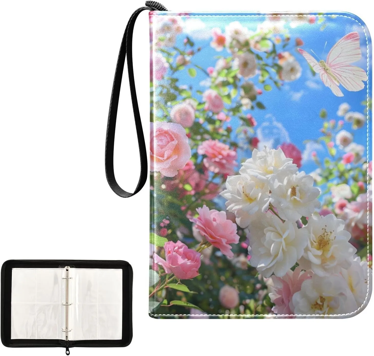 4 Pockets Trading Card Album Holder Book Folder Sports Card Binder Pink Flowers White Roses 400 Double Side Pockets for 3 Ring Binder Zipper