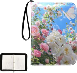4 Pockets Trading Card Album Holder Book Folder Sports Card Binder Pink Flowers White Roses 400 Double Side Pockets for 3 Ring Binder Zipper