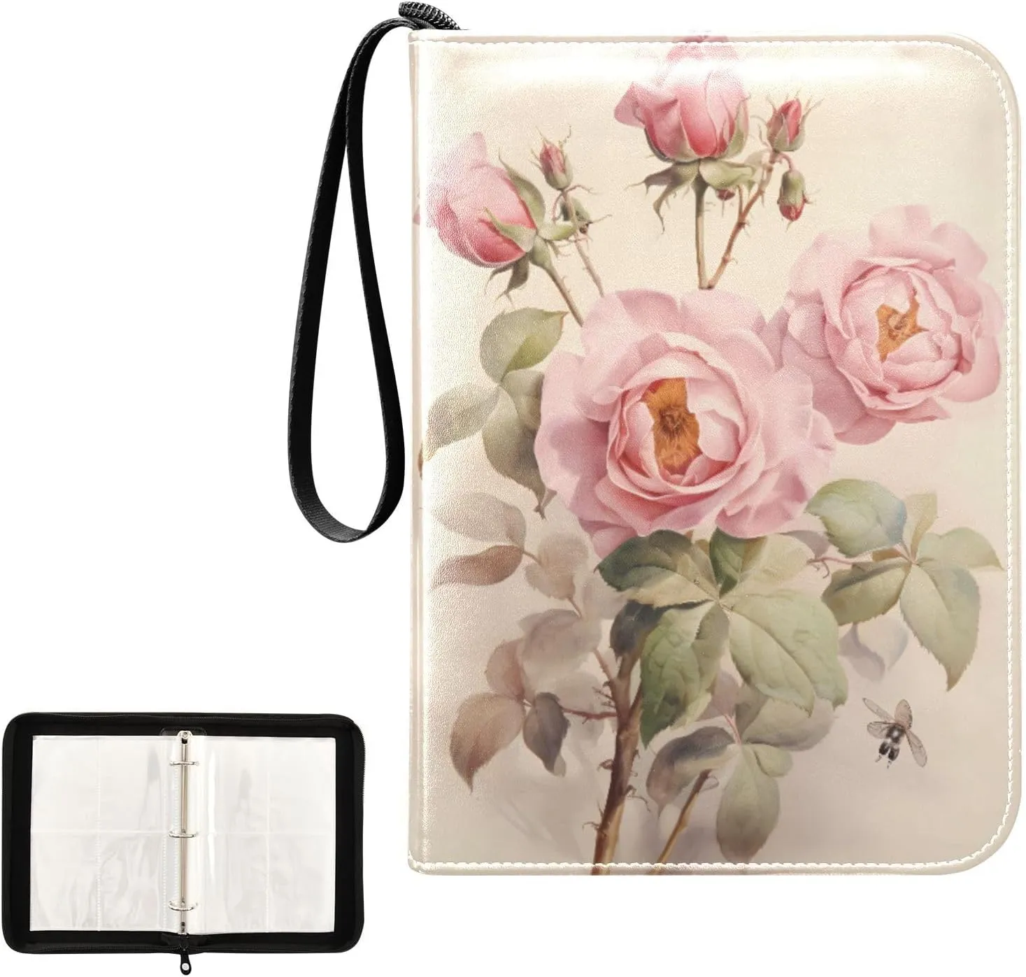 4 Pockets Trading Card Album Holder Book Folder Sports Card Binder Pink Rose Vintage Painting 400 Double Side Pockets for 3 Ring Binder Zipper