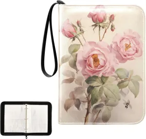 4 Pockets Trading Card Album Holder Book Folder Sports Card Binder Pink Rose Vintage Painting 400 Double Side Pockets for 3 Ring Binder Zipper