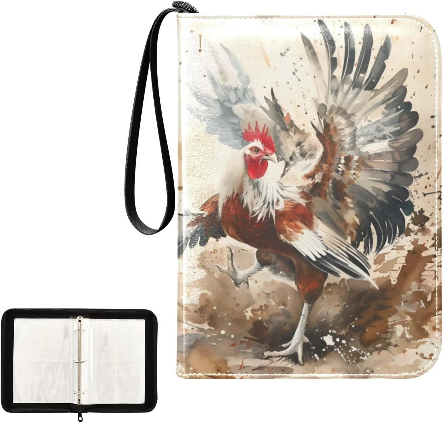 4 Pockets Trading Card Album Holder Book Folder Sports Card Binder Rooster Painting 400 Double Side Pockets for 3 Ring Binder Zipper