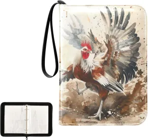 4 Pockets Trading Card Album Holder Book Folder Sports Card Binder Rooster Painting 400 Double Side Pockets for 3 Ring Binder Zipper