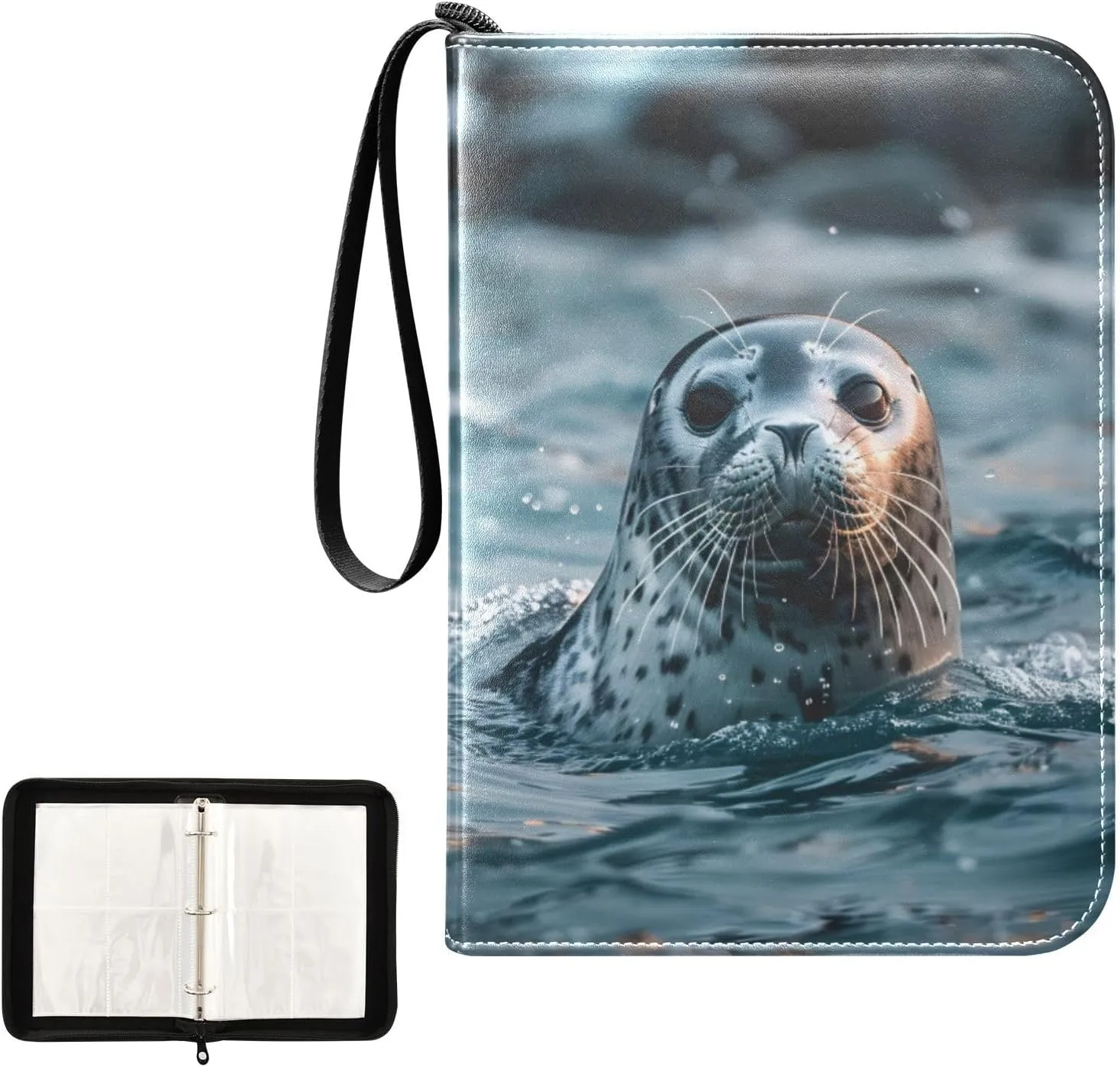 4 Pockets Trading Card Album Holder Book Folder Sports Card Binder Seal Swimming 400 Double Side Pockets for 3 Ring Binder Zipper