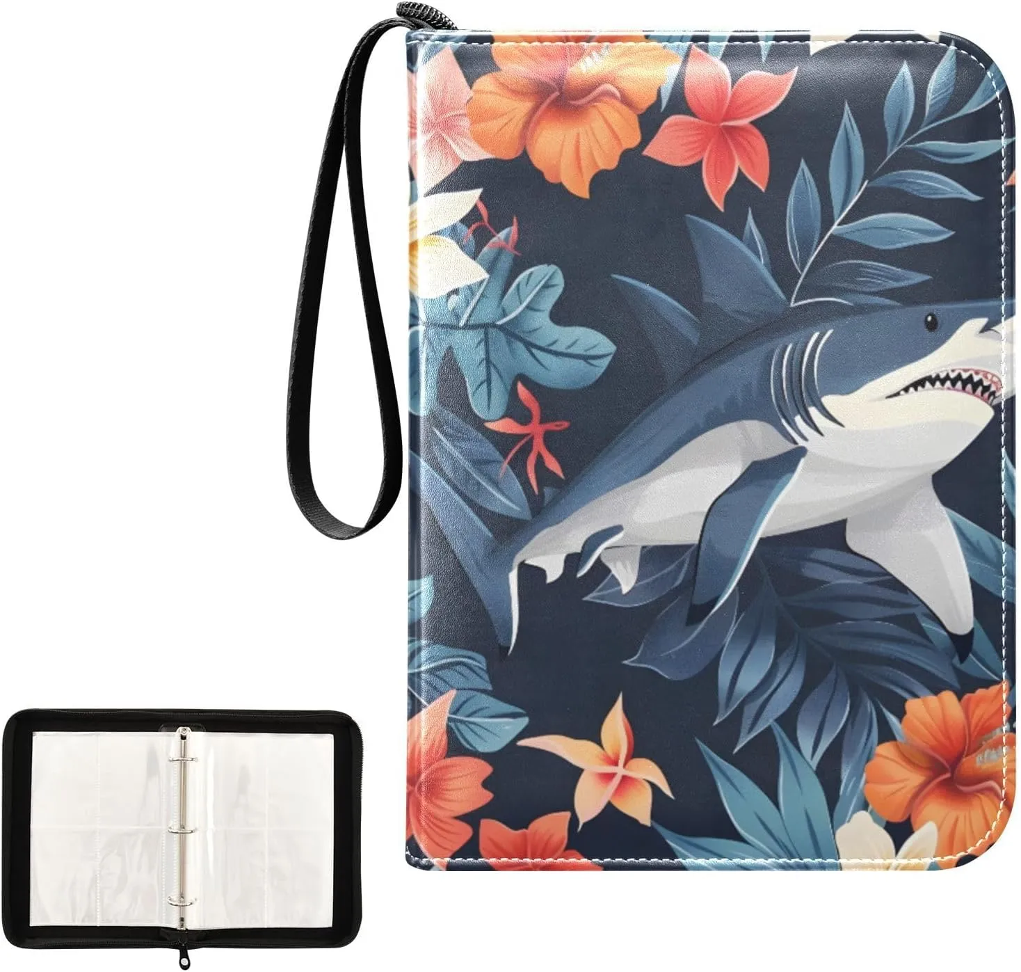 4 Pockets Trading Card Album Holder Book Folder Sports Card Binder Shark Tropical Flowers 400 Double Side Pockets for 3 Ring Binder Zipper