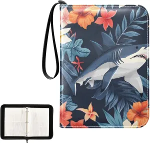 4 Pockets Trading Card Album Holder Book Folder Sports Card Binder Shark Tropical Flowers 400 Double Side Pockets for 3 Ring Binder Zipper