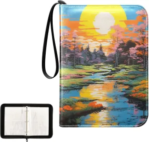 4 Pockets Trading Card Album Holder Book Folder Sports Card Binder Spring Sunrise Painting 400 Double Side Pockets for 3 Ring Binder Zipper