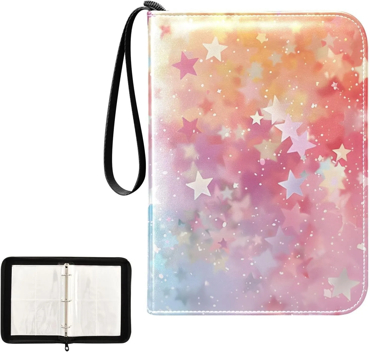 4 Pockets Trading Card Album Holder Book Folder Sports Card Binder Star Colored 400 Double Side Pockets for 3 Ring Binder Zipper