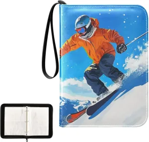 4 Pockets Trading Card Album Holder Book Folder Sports Card Binder Sun Moon Japanese Skiing Character 400 Double Side Pockets for 3 Ring Binder Zipper