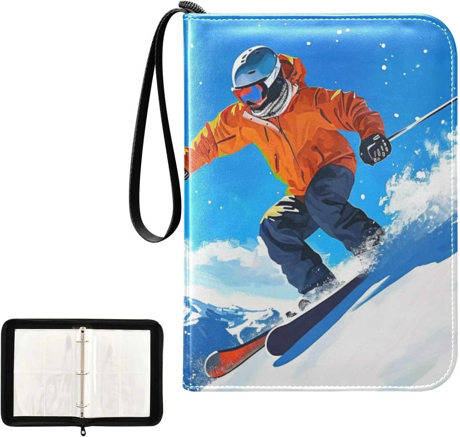 4 Pockets Trading Card Album Holder Book Folder Sports Card Binder Sun Moon Japanese Skiing Character 400 Double Side Pockets for 3 Ring Binder Zipper