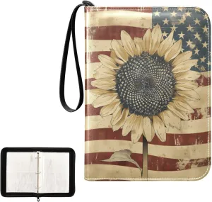 4 Pockets Trading Card Album Holder Book Folder Sports Card Binder Sunflower American Flag 400 Double Side Pockets for 3 Ring Binder Zipper