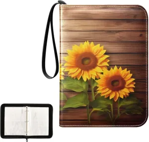4 Pockets Trading Card Album Holder Book Folder Sports Card Binder Sunflower Wooden 400 Double Side Pockets for 3 Ring Binder Zipper