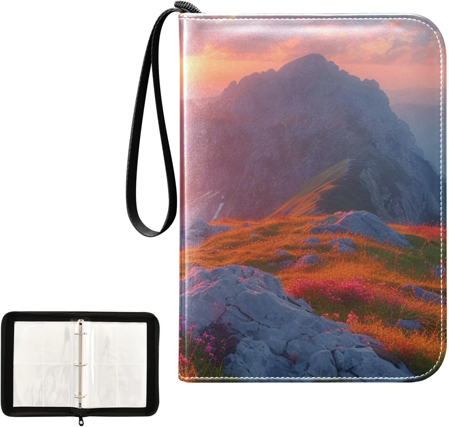 4 Pockets Trading Card Album Holder Book Folder Sports Card Binder Sunrise Moutain 400 Double Side Pockets for 3 Ring Binder Zipper