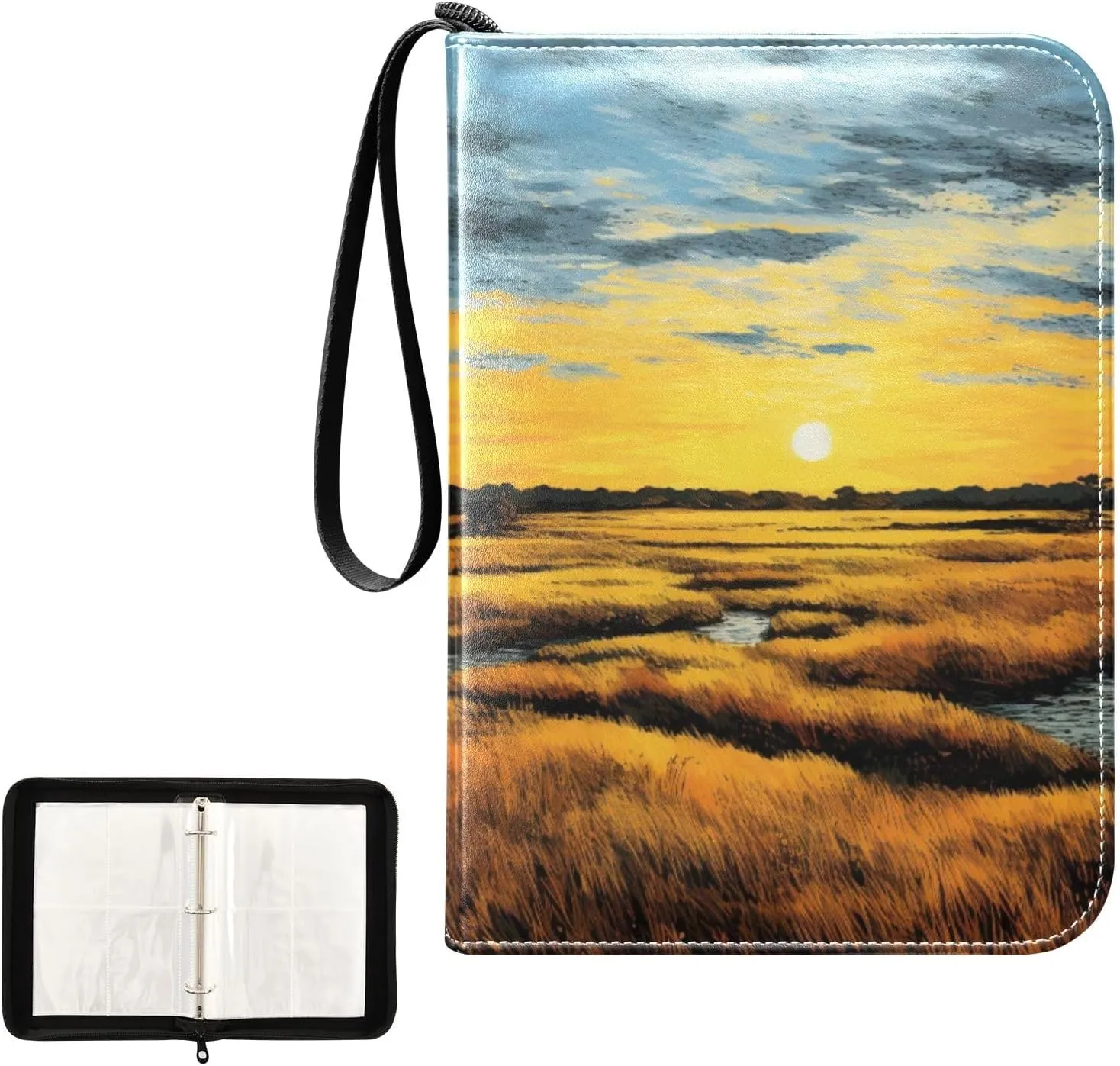 4 Pockets Trading Card Album Holder Book Folder Sports Card Binder Sunset Wheat Fields 400 Double Side Pockets for 3 Ring Binder Zipper