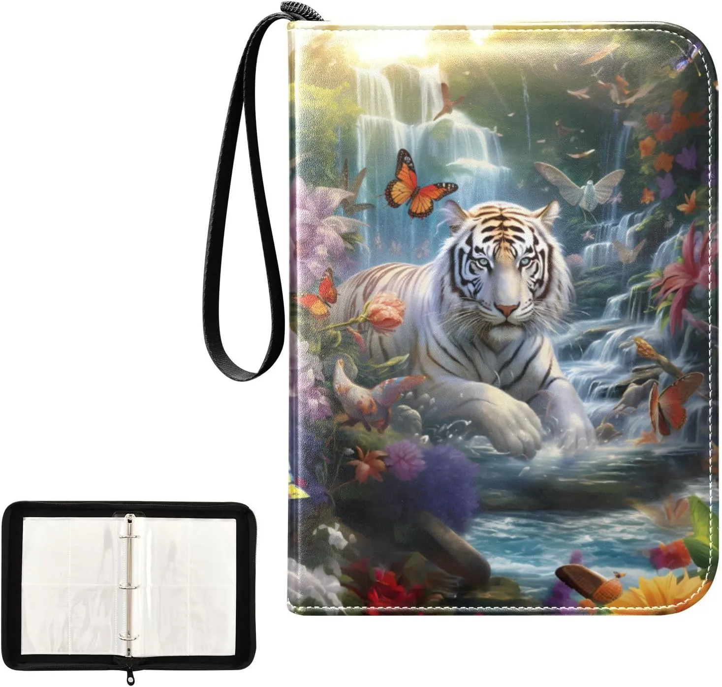 4 Pockets Trading Card Album Holder Book Folder Sports Card Binder Tiger Flower 400 Double Side Pockets for 3 Ring Binder Zipper