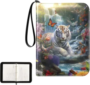4 Pockets Trading Card Album Holder Book Folder Sports Card Binder Tiger Flower 400 Double Side Pockets for 3 Ring Binder Zipper