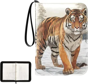 4 Pockets Trading Card Album Holder Book Folder Sports Card Binder Tiger Winter 400 Double Side Pockets for 3 Ring Binder Zipper