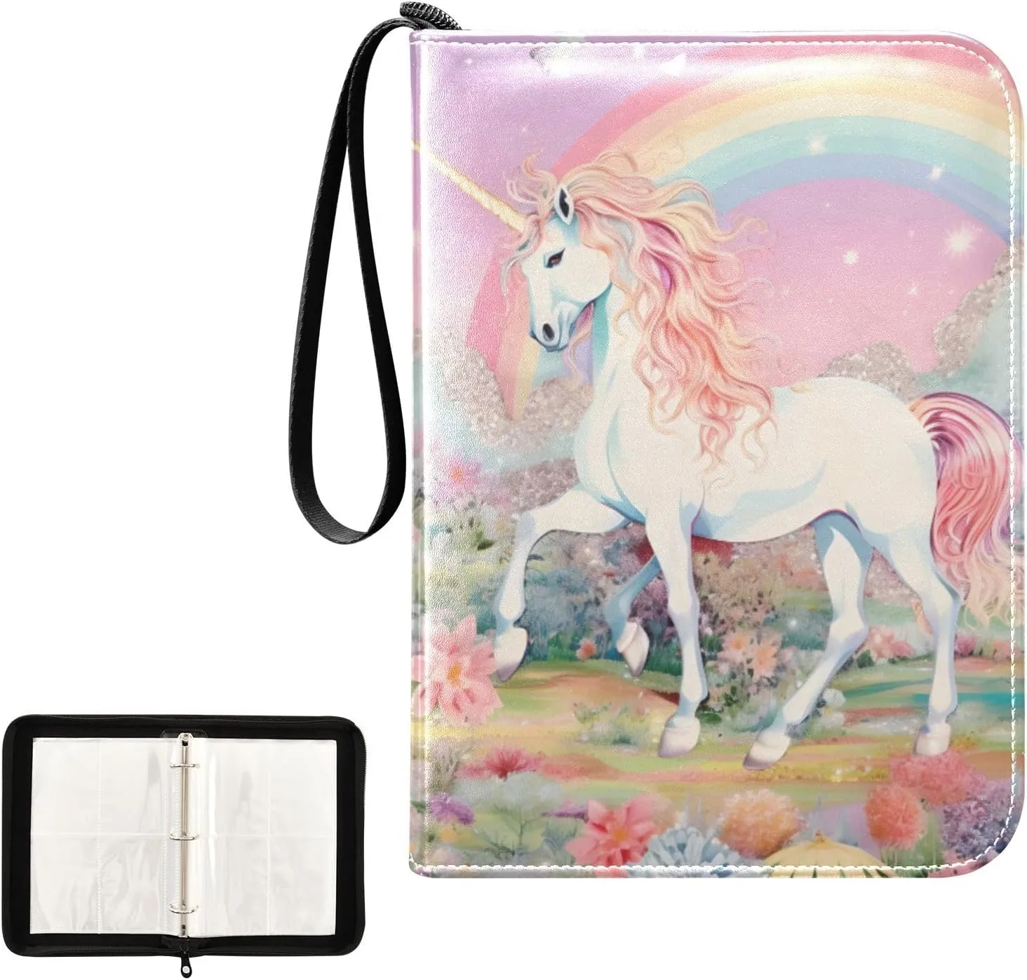4 Pockets Trading Card Album Holder Book Folder Sports Card Binder Unicorn Rainbow 6 400 Double Side Pockets for 3 Ring Binder Zipper