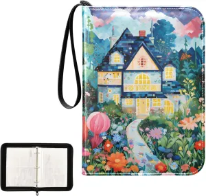 4 Pockets Trading Card Album Holder Book Folder Sports Card Binder Villa Garden Painting 400 Double Side Pockets for 3 Ring Binder Zipper
