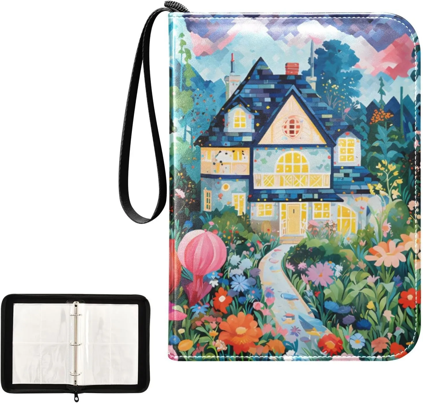4 Pockets Trading Card Album Holder Book Folder Sports Card Binder Villa Garden Painting 400 Double Side Pockets for 3 Ring Binder Zipper
