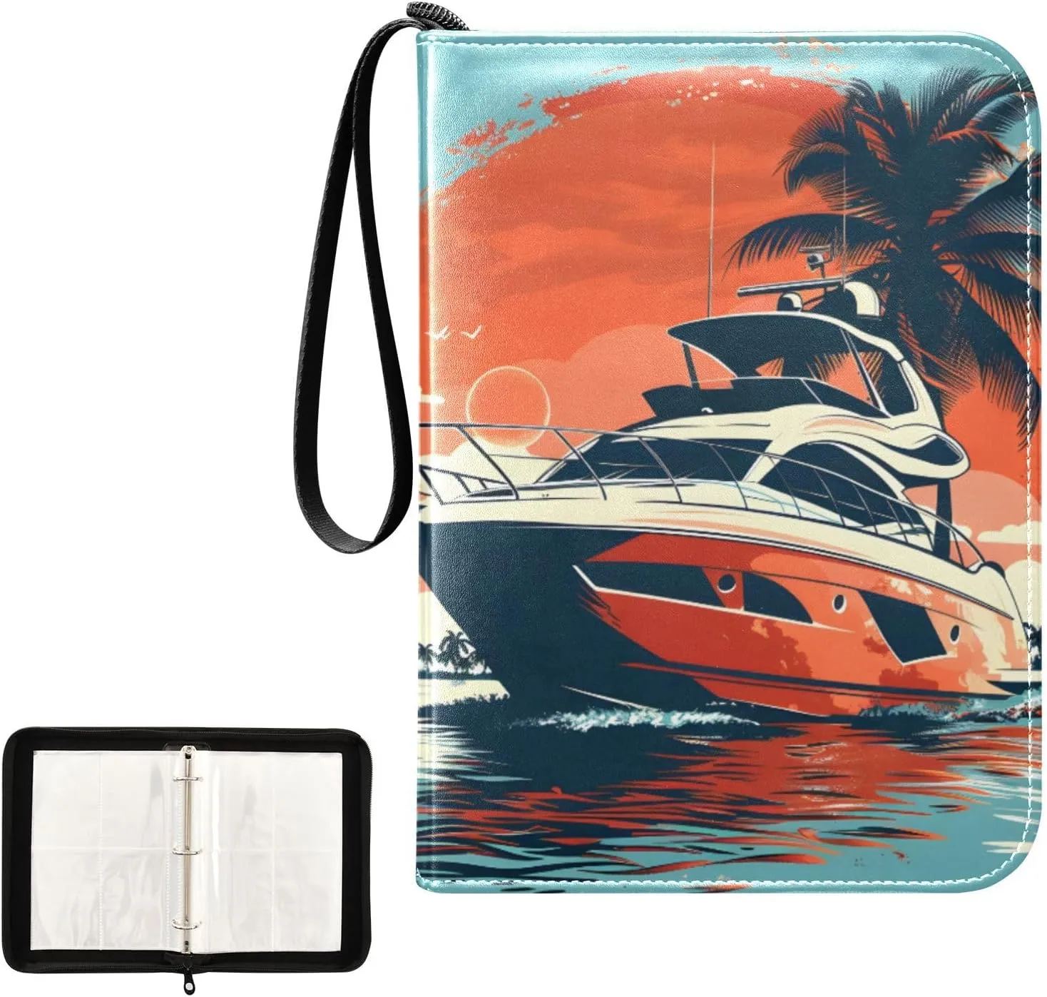 4 Pockets Trading Card Album Holder Book Folder Sports Card Binder Yacht Sunset 400 Double Side Pockets for 3 Ring Binder Zipper
