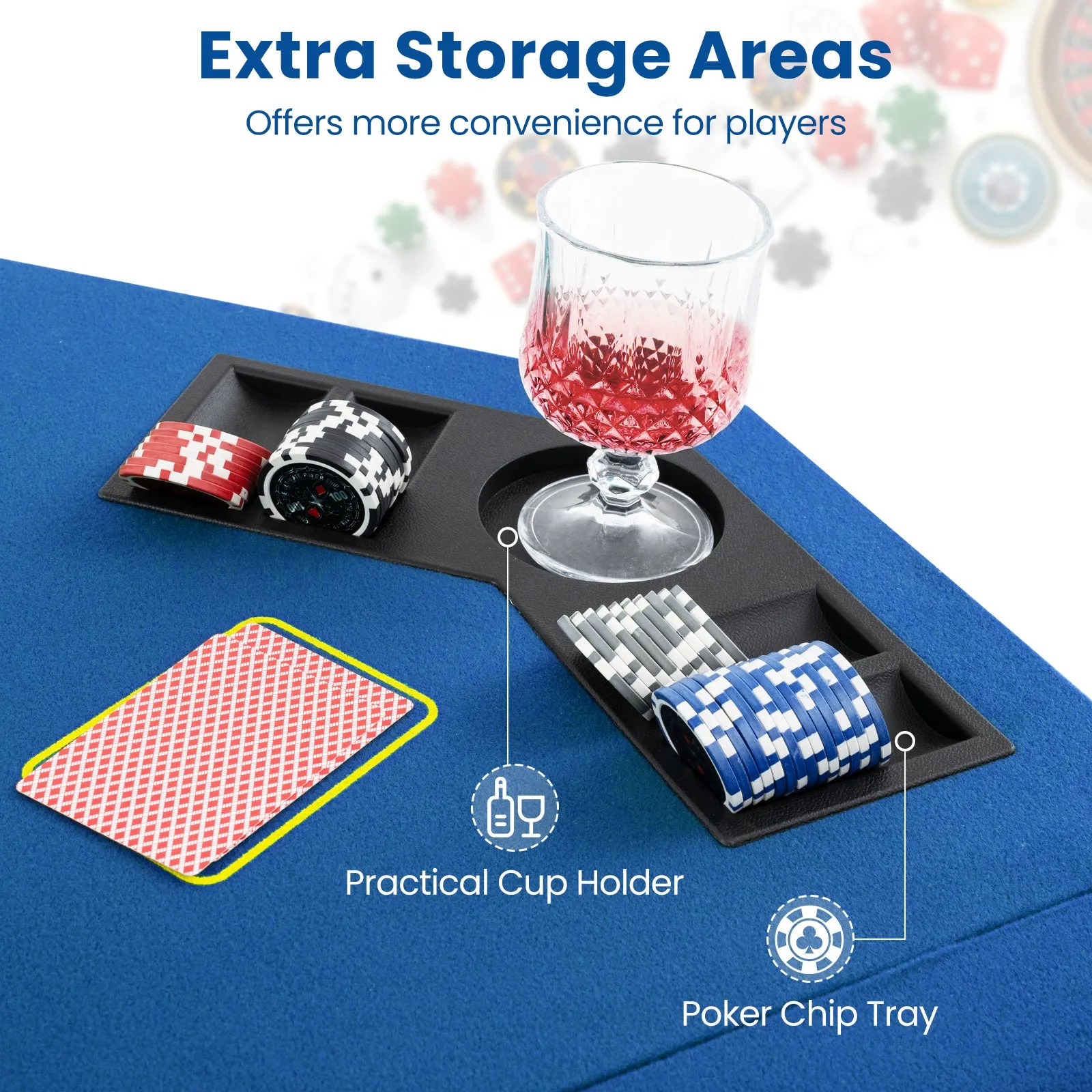 48 Inch 8-Player Foldable Poker Table Top with Carrying Bag and Cup Holders-Blue