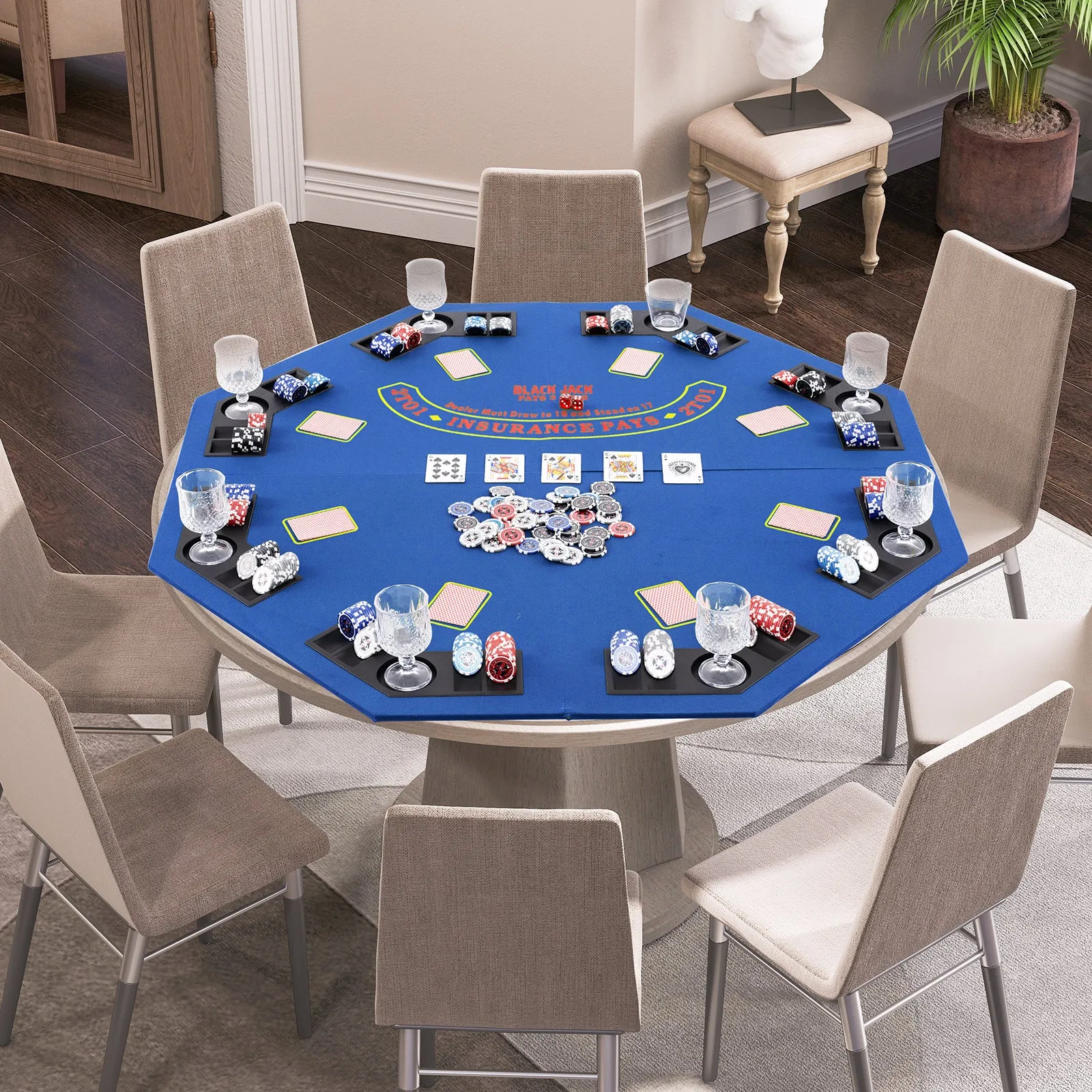 48 Inch 8-Player Foldable Poker Table Top with Carrying Bag and Cup Holders-Blue