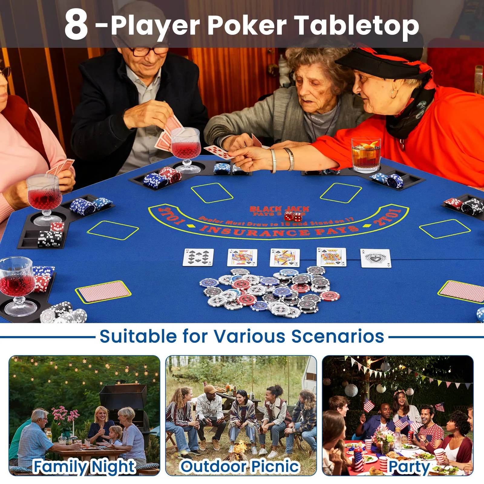 48 Inch 8-Player Foldable Poker Table Top with Carrying Bag and Cup Holders-Blue