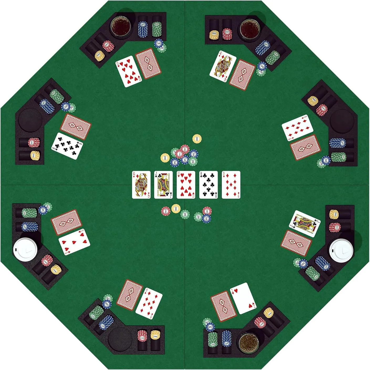 48 Inch Foldable Poker Table Top for 8 Players, Octagon Poker Table Topper with Chips Tray & Cup Holders, Professional Texas Hold’em Poker Table Mat Layout with Carrying Bag for Card Casino Games