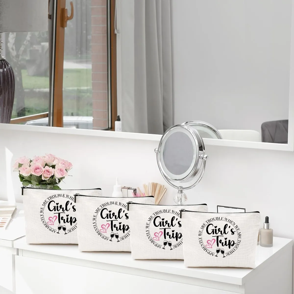 4PCS Girls Trip Gifts Favors Girls Trip Makeup Bag Girls Weekend Gifts Summer Gifts Cosmetic Bag Toiletry Bag Zipper Pouch Weekender Bags for Women Bridesmaid Friendship Bachelorette Party Birthday