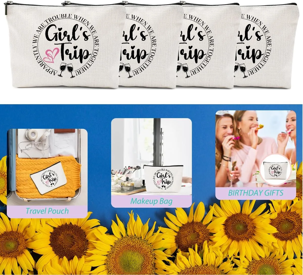 4PCS Girls Trip Gifts Favors Girls Trip Makeup Bag Girls Weekend Gifts Summer Gifts Cosmetic Bag Toiletry Bag Zipper Pouch Weekender Bags for Women Bridesmaid Friendship Bachelorette Party Birthday
