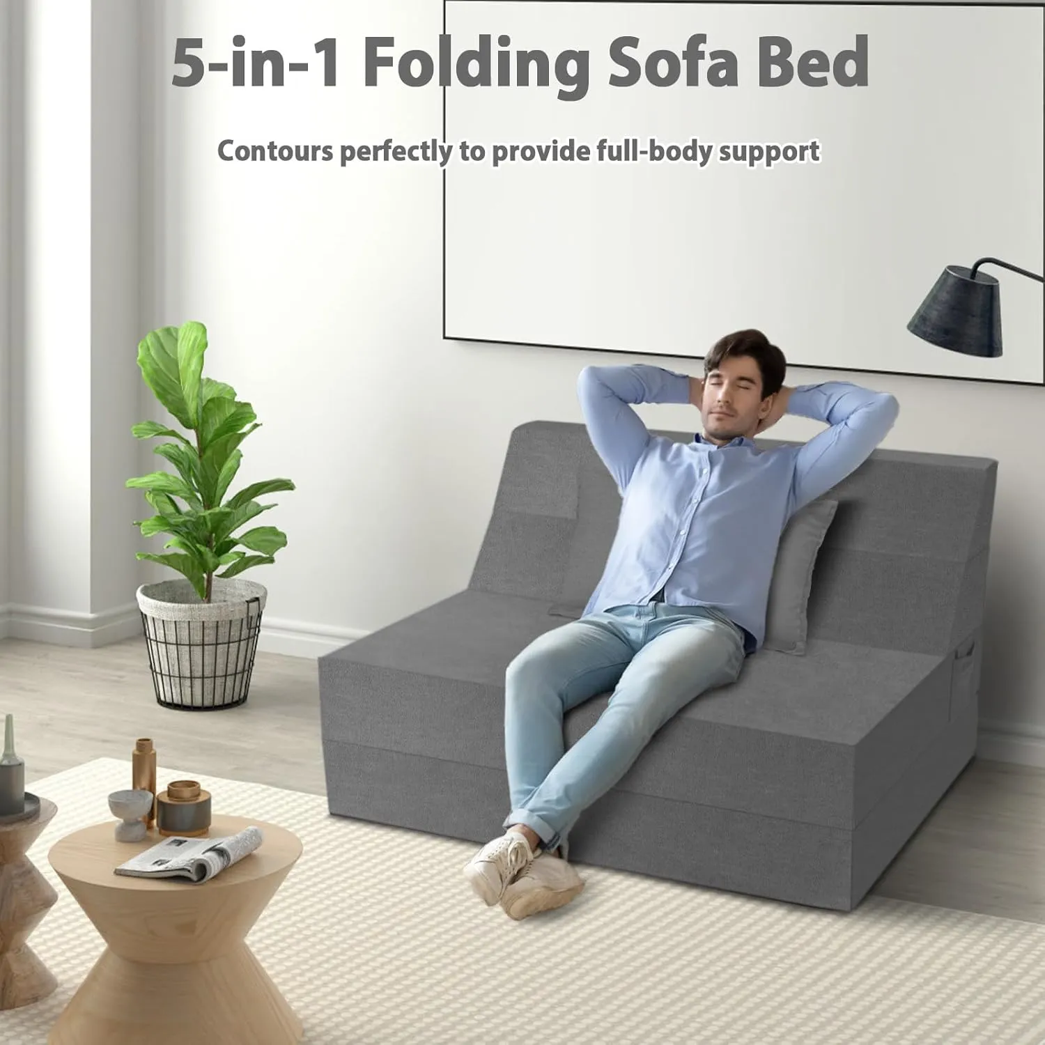 5 in 1 Folding Sofa Bed, Twin Size Convertible Sleeper Chair with Pillow, Memory Foam Futon Couch, Velvet Fabric Washable Mattress for Living Room, Dorm, Guest, Office, Apartment, Dark Gray