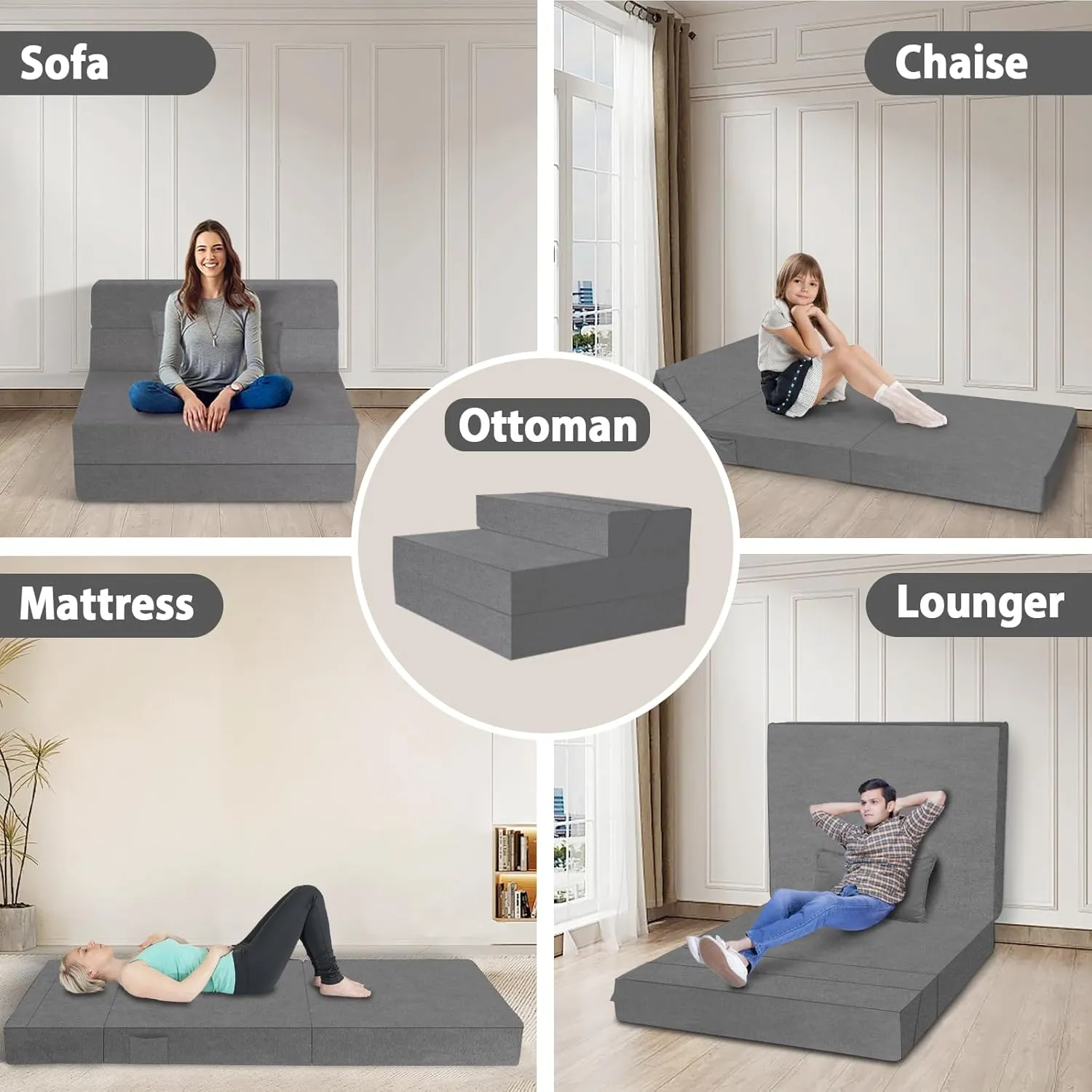 5 in 1 Folding Sofa Bed, Twin Size Convertible Sleeper Chair with Pillow, Memory Foam Futon Couch, Velvet Fabric Washable Mattress for Living Room, Dorm, Guest, Office, Apartment, Dark Gray