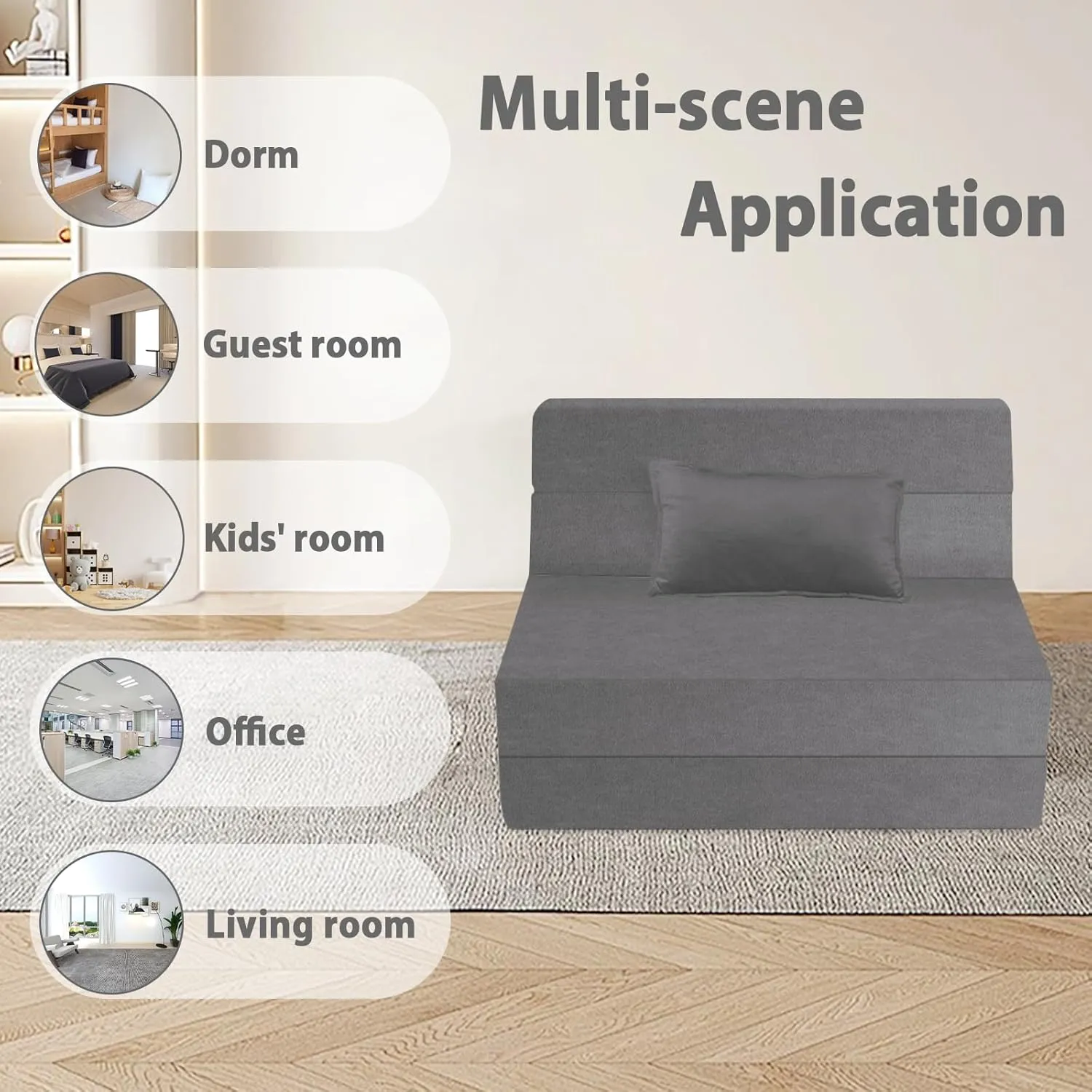 5 in 1 Folding Sofa Bed, Twin Size Convertible Sleeper Chair with Pillow, Memory Foam Futon Couch, Velvet Fabric Washable Mattress for Living Room, Dorm, Guest, Office, Apartment, Dark Gray