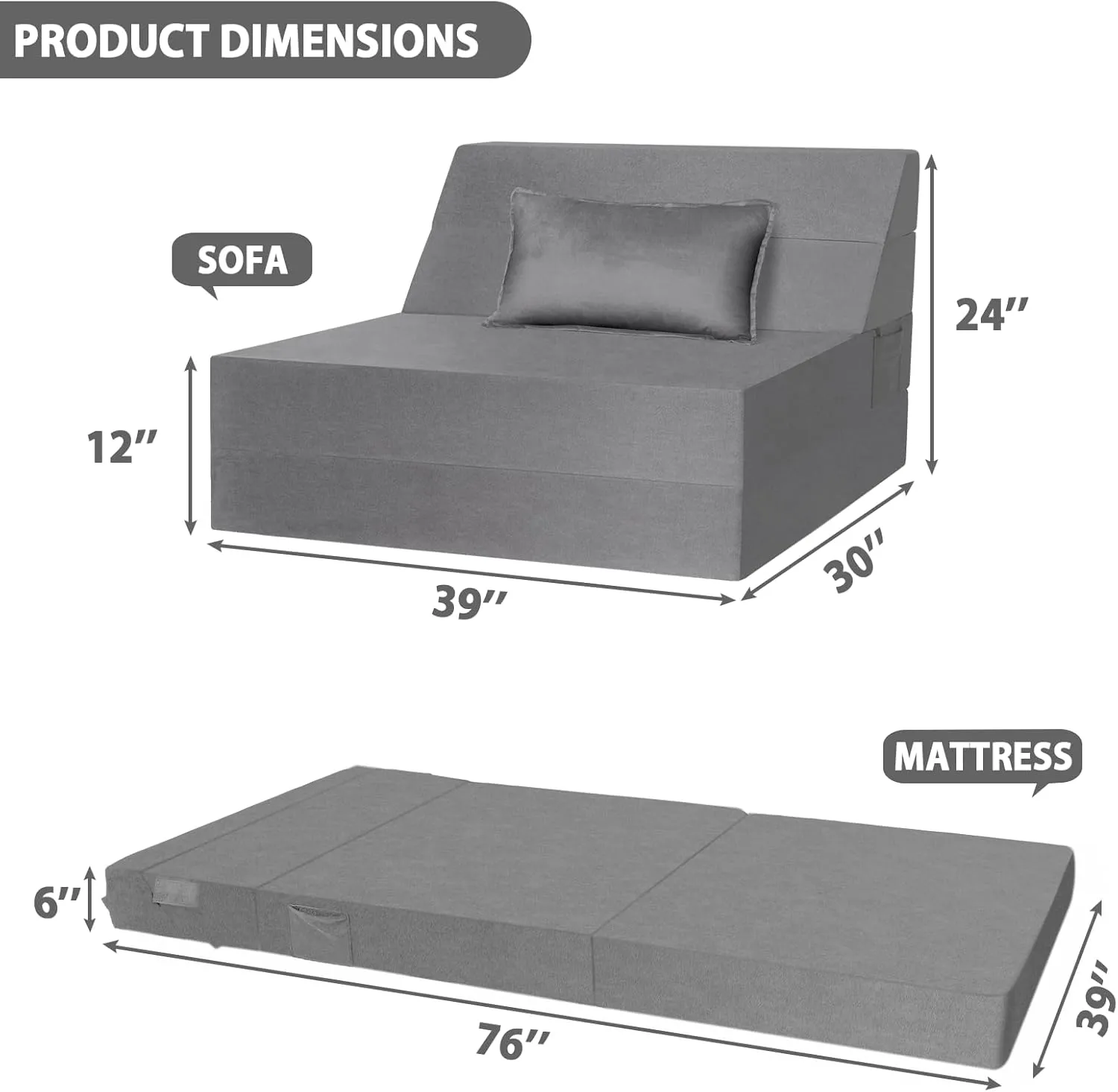 5 in 1 Folding Sofa Bed, Twin Size Convertible Sleeper Chair with Pillow, Memory Foam Futon Couch, Velvet Fabric Washable Mattress for Living Room, Dorm, Guest, Office, Apartment, Dark Gray