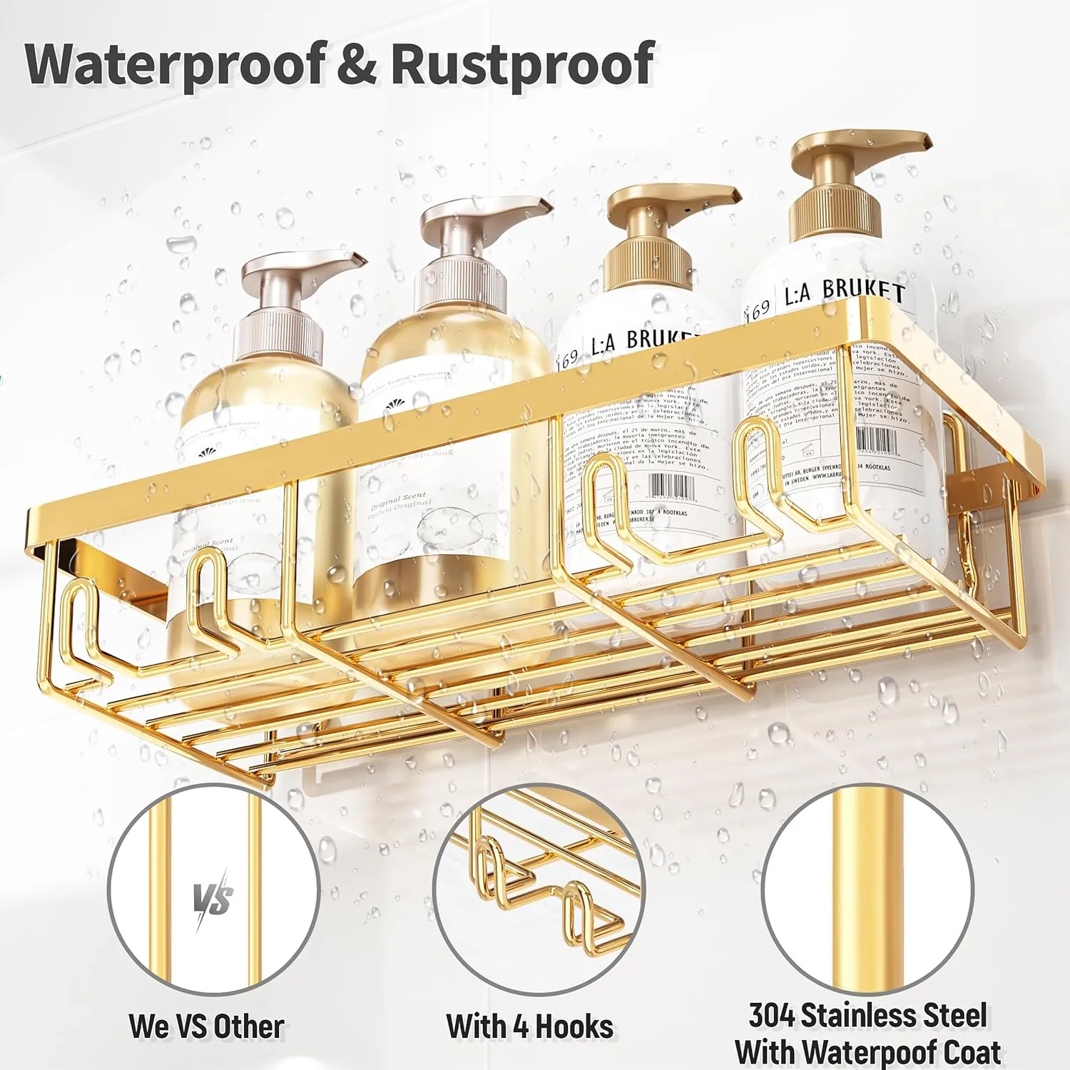 5 Pack Shower Caddy Organizer Rack Shelf for Inside Shower, Self Adhesive Wall Storage Basket Rustproof Stainless Steel Shampoo Holder Bathroom Accessory Decor Set, Gold