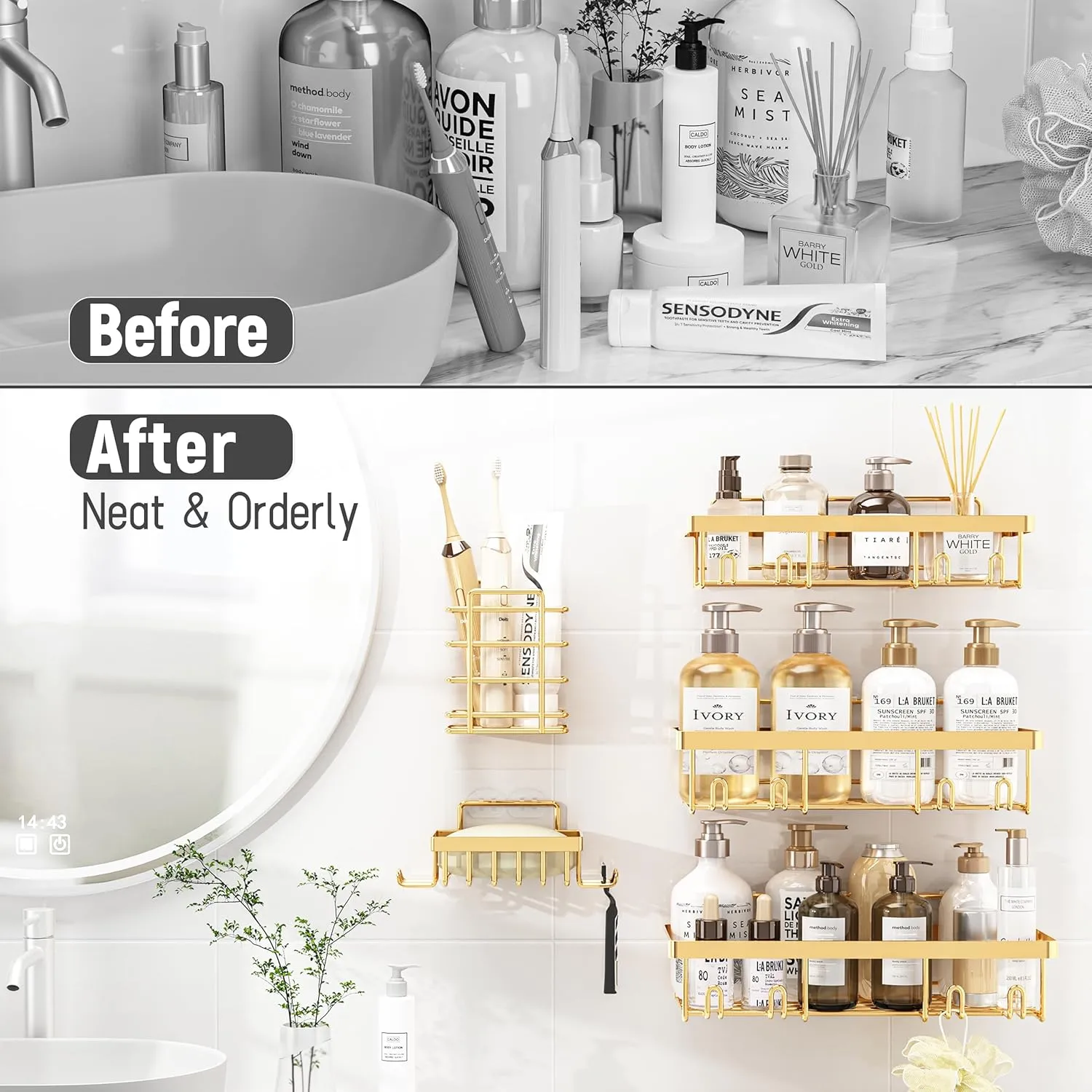 5 Pack Shower Caddy Organizer Rack Shelf for Inside Shower, Self Adhesive Wall Storage Basket Rustproof Stainless Steel Shampoo Holder Bathroom Accessory Decor Set, Gold