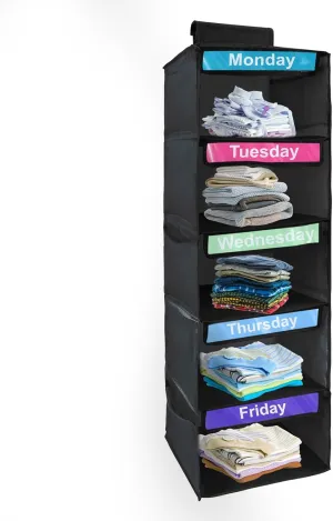 5 Shelf Weekly Clothes Organizer for Kids, Foldable Days of The Week Clothes Organizer for Shirts, Coats, Socks Storage with Monday to Friday Layers (Black)