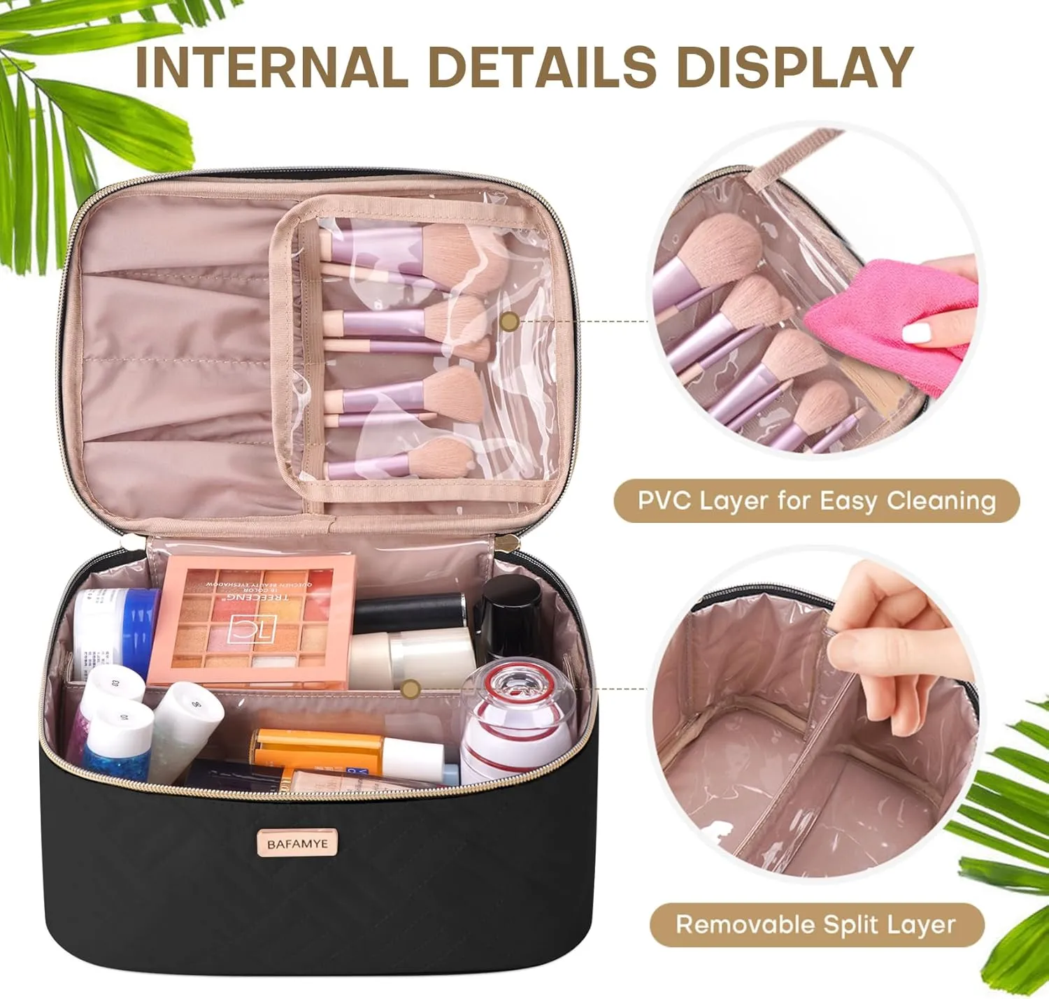 5L Travel Makeup Bag, Portable Cosmetic Bag for Women, Large Capacity Travel Toiletry Accessories Organizer case with Divider, Black 1.34 GAL