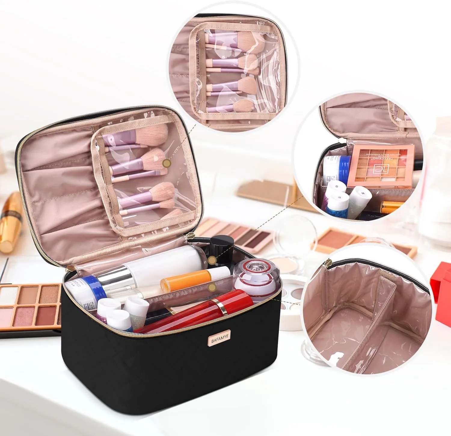 5L Travel Makeup Bag, Portable Cosmetic Bag for Women, Large Capacity Travel Toiletry Accessories Organizer case with Divider, Black 1.34 GAL