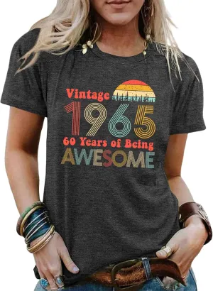 60th Birthday Gifts for Women Vintage 1965 T Shirts for Women Retro Birthday Party Top Casual Short Sleeve Tee Tops