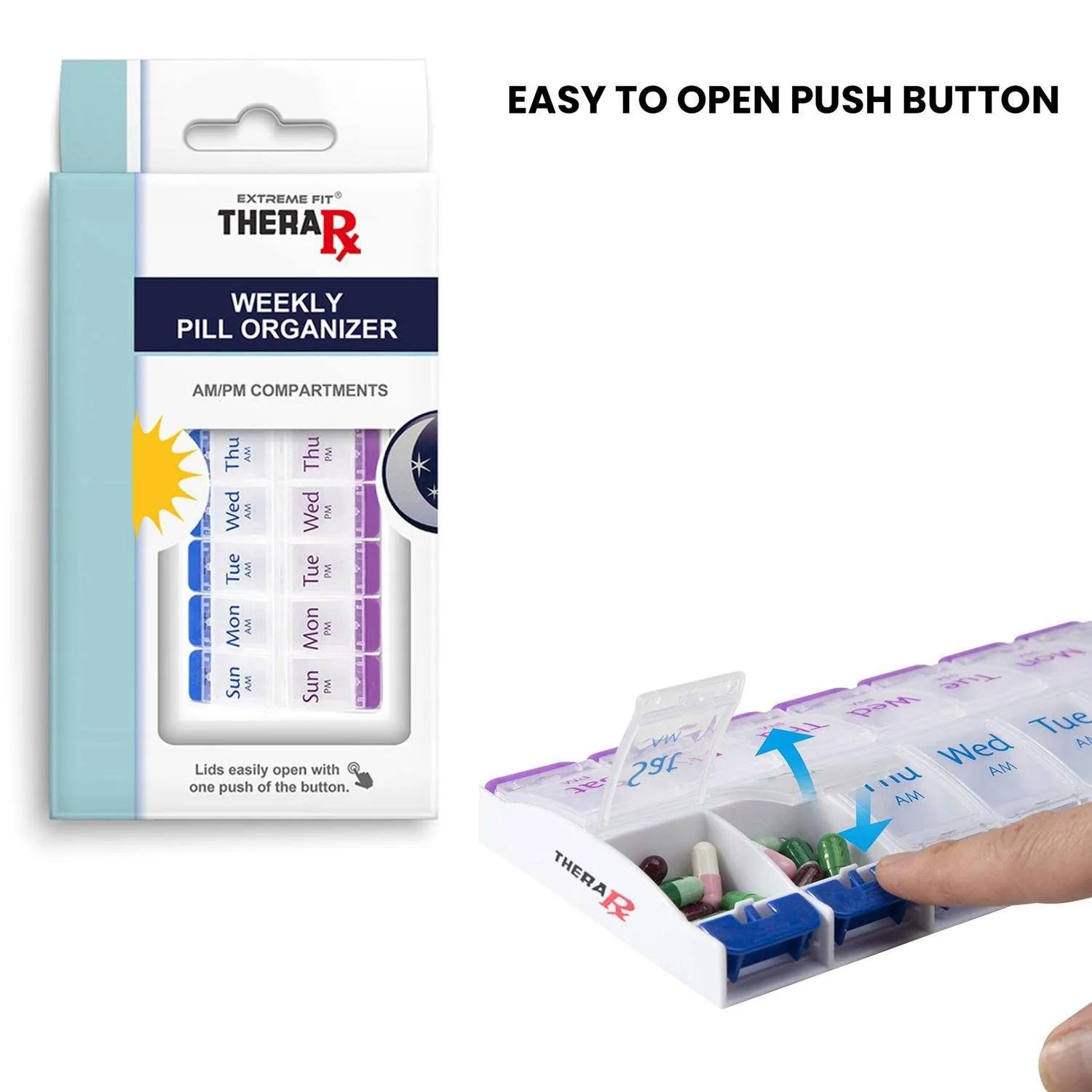 7-Day Push Button Pill, Medicine, Vitamin Organizer with AM/PM Large Compartments