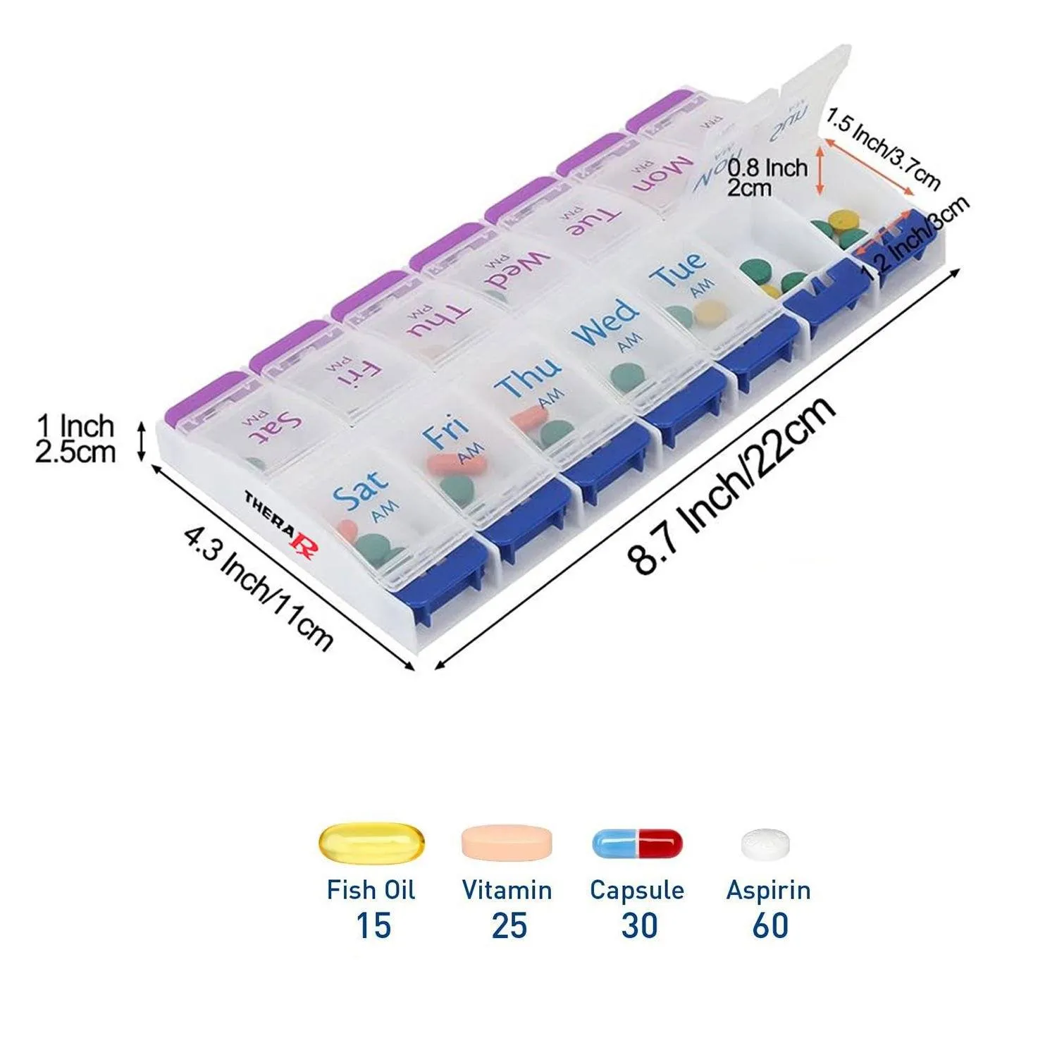 7-Day Push Button Pill, Medicine, Vitamin Organizer with AM/PM Large Compartments