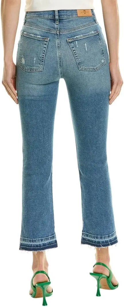 7 For All Mankind Women's High-Waist Slim Kick with Raw Hem in Luxe Vintage Iris Blue