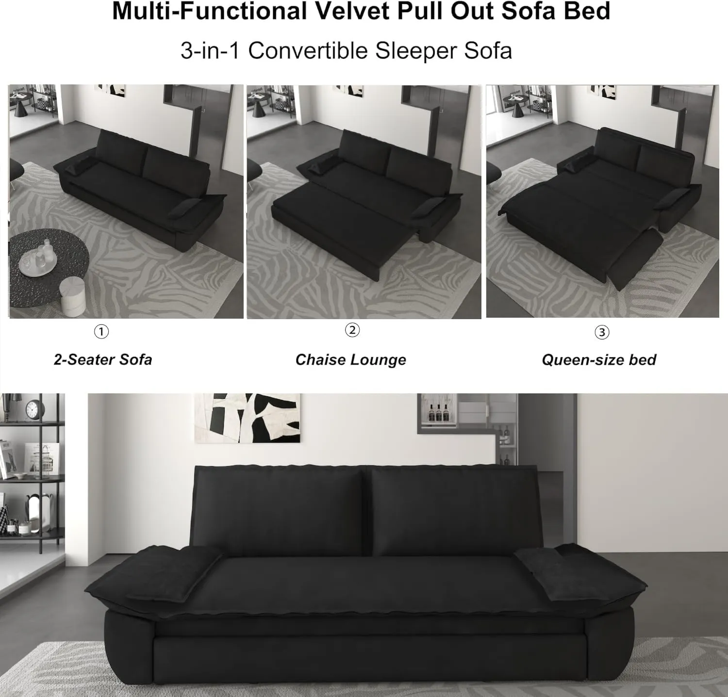 70.1" Futon Sofa Bed Queen Size, Pull Out Bed, 3-in-1 Convertible Sleeper Sofa with 2 Soft Pillows, Modern Velvet Futon Couch for Living Room, Small Space, Apartment, Bedroom, Black