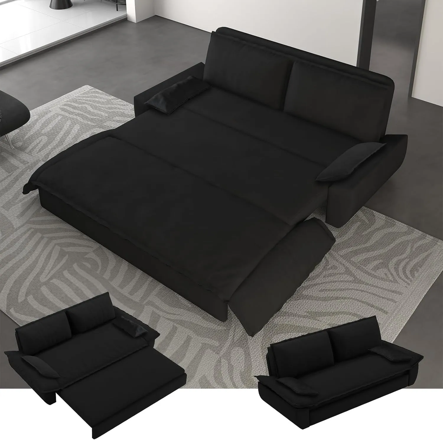 70.1" Futon Sofa Bed Queen Size, Pull Out Bed, 3-in-1 Convertible Sleeper Sofa with 2 Soft Pillows, Modern Velvet Futon Couch for Living Room, Small Space, Apartment, Bedroom, Black