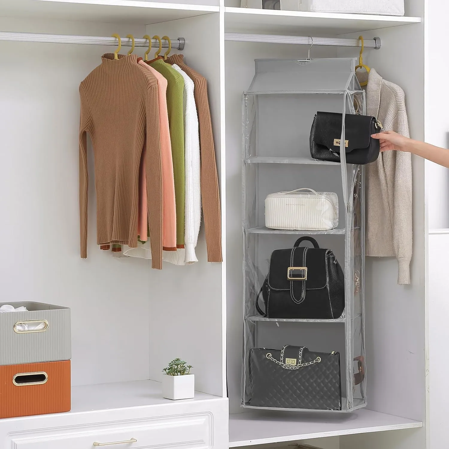 8 Grids in 1 Rotatable Hanging Purse Handbag Organizer with Double Zippers, Visible Purse Organizer for Closet, Fully Enclosed Handbag Storage Holder