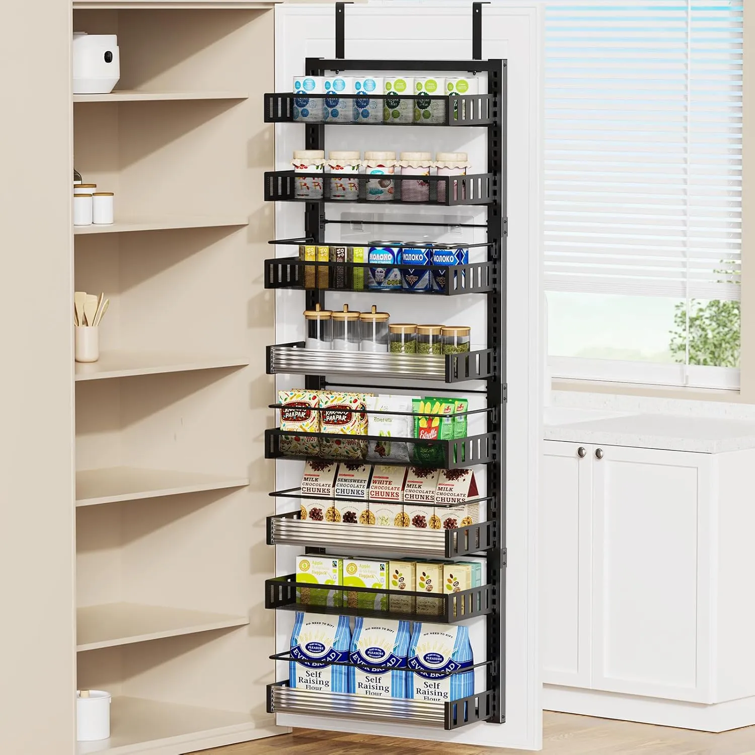 8-Tier Over the Door Pantry Organizer, 2 in 1 Large Door Spice Rack with Adjustable Metal Baskets, Heavy Duty Hanging or Wall Mounted Storage Organizer for Kitchen Pantry and Room Wall