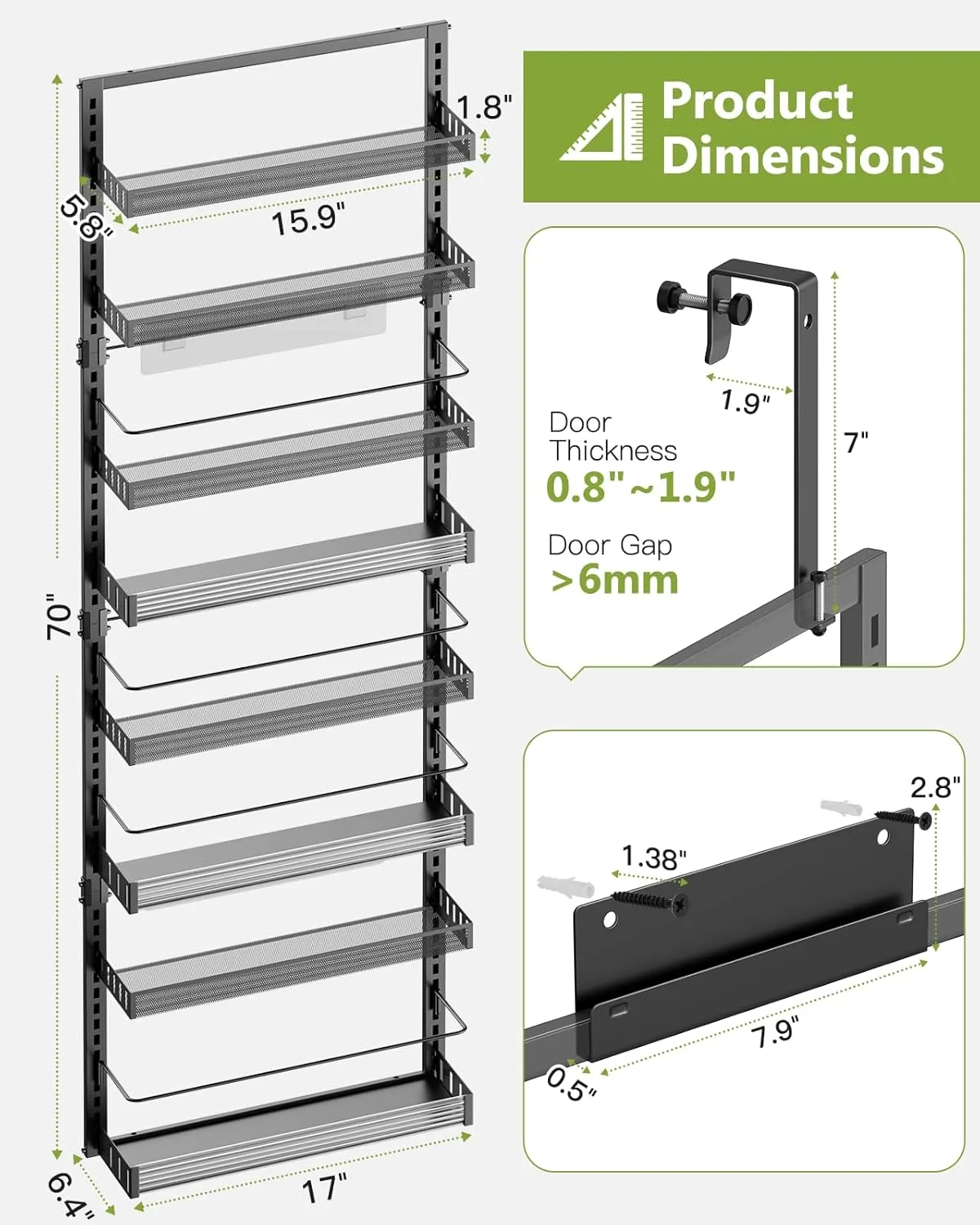 8-Tier Over the Door Pantry Organizer, 2 in 1 Large Door Spice Rack with Adjustable Metal Baskets, Heavy Duty Hanging or Wall Mounted Storage Organizer for Kitchen Pantry and Room Wall