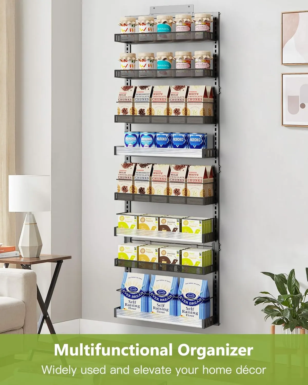 8-Tier Over the Door Pantry Organizer, 2 in 1 Large Door Spice Rack with Adjustable Metal Baskets, Heavy Duty Hanging or Wall Mounted Storage Organizer for Kitchen Pantry and Room Wall